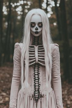 a woman with long white hair and skeleton makeup is standing in the woods, looking down