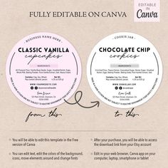 two circular labels with the words chocolate chip and caramel on one side, each containing an individual's own name