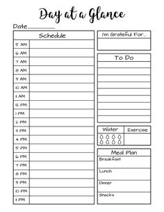 a printable day at a glance with the words, date and time on it