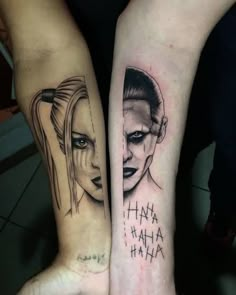 two people with tattoos on their arms and one has a woman's face in the middle