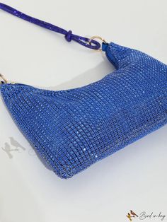 Bird in Bag - Blue Rhinestone-Decorated Zipper Clutch Bag for Evening Wear Blue Rhinestone Evening Bag, Trendy Blue Evening Bag For Party, Glamorous Blue Bags With Rhinestones, Blue Embellished Shoulder Bag For Party, Chic Embellished Blue Bag, Chic Blue Embellished Bag, Glamorous Blue Rectangular Bags, Blue Rectangular Embellished Shoulder Bag, Blue Embellished Bag For Everyday Use