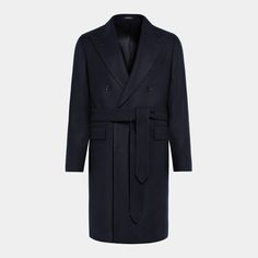 Navy mid-thigh overcoat with wide peak lapels and natural shoulders. Features a double-breasted closure, patch and inside pockets, martingale belt, and a single vent. Lined for added comfort and durability. Belted Long Wool Pea Coat, Belted Wool Pea Coat, Wool Belted Long Pea Coat, Classic Outerwear With Notch Lapel And Belted Cuffs, Belted Business Outerwear For Winter, Winter Business Belted Outerwear, Belted Outerwear For Business In Winter, Business Outerwear With Belted Cuffs In Gabardine, Belted Wool Double-breasted Outerwear