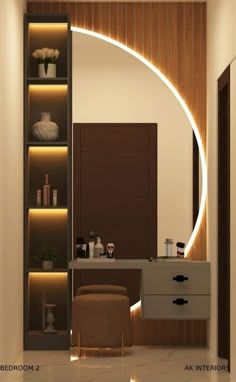 a modern bathroom with an oval mirror above the sink and shelving unit in front of it