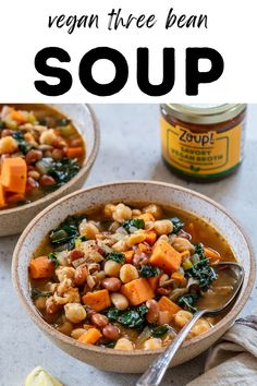 two bowls of vegan three bean soup with spinach and carrots