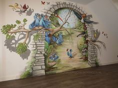 the mural on the wall is painted with blue birds