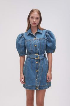 Adriana Puff Sleeve Mini Dress | 90's Wash | Aje – Aje World Dress Runway 2023, Recycle Fashion, Jumper Denim, D Ring Belt, Puff Sleeve Mini Dress, Mini Dresses Online, Knit Jumpsuit, Recycled Fashion, 90s Dress