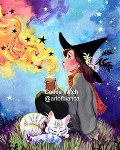 a painting of a witch with her cat