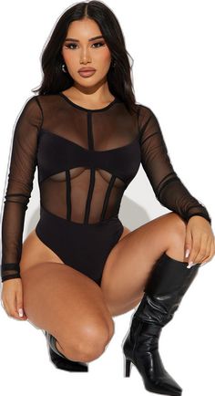 Janet Guzman, Stylish Women Fashion, Bodysuit Fashion, Fashion Nova Tops, Mesh Bodysuit, Cosplay Outfits, Womens Bodysuit, Black Bodysuit, Long Sleeve Bodysuit