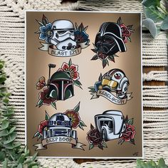 star wars temporary tattoos on a sheet of paper with flowers and plants in the background