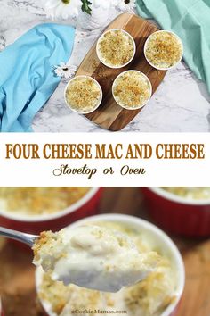 four cheese macaroni and cheese is served in small cups