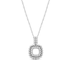 The perfect choice for someone looking for a necklace that is both simple and unique. This piece features a rounded square frame pendant with beaded outer edges and a square outline of round diamonds. The bail that holds the pendant also features two rows of diamonds for extra sparkle. Square Pendant Diamond Necklace For Anniversary, Anniversary Diamond Necklace With Square Pendant, Timeless Diamond Cut Square Pendant Necklace, Timeless Diamond Necklace With Square Pendant And Accents, Timeless Diamond White Square Pendant Necklace, Timeless Necklaces With Square Pendant For Anniversary, Timeless White Gold Square Pendant Necklaces, Timeless White Gold Necklace With Square Pendant, Timeless Square Pendant Necklaces For Anniversary