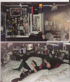 two pictures of a person laying on a bed in front of a book shelf and bookshelf