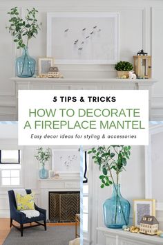 the fireplace mantel is decorated with blue vases and greenery