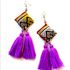 Handmade, Fun, Long, Statement Fashion Tassel Earrings. Embroidered Details In 100% Cotton Fabric. Bohemian Flare. Threaded With Intricate Details Artisanal, Lead And Nickel Free. Like New Excellent Condition. They Make Perfect Gifts Or Personal Use. Unworn. Make An Offer. Perfect For Bundle With My Other Listings. Thank You So Much. Tassels Are Solid Purple. Beads In Purple And Gold Plated Color Combo. Textured Pillow Squares In Patterned Multi Colors. Details: 4’ Inches Drop, Lightweight Handm Traditional Handmade Multicolor Tassel Earrings, Adjustable Bohemian Tassel Earrings With Latkans, Traditional Handmade Tassel Earrings For Festival, Traditional Handmade Tassel Earrings For Festive Occasions, Traditional Fringe Earrings, Traditional Multicolor Tassel Jewelry, Multicolor Handwoven Tassel Earrings Gift, Handwoven Multicolor Tassel Earrings Gift, Traditional Woven Multicolor Earrings