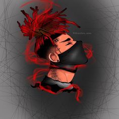 a digital painting of a man with red hair and tattoos on his head, in front of an abstract background