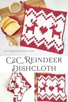 a red and white crocheted dishcloth next to a cup of coffee on a wooden cutting board