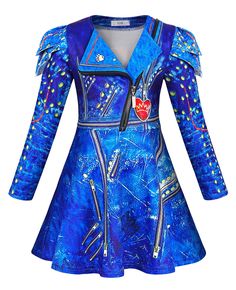 a women's blue dress with red heart on the chest and zippered sleeves