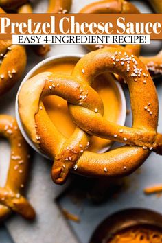 pretzel cheese sauce in a bowl with the words easy ingredient recipe on it