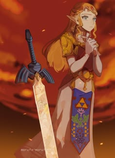 a woman holding two swords in front of an orange sky