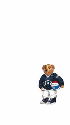 a drawing of a teddy bear wearing a jersey holding a football in his hands, with the word usa on it's chest