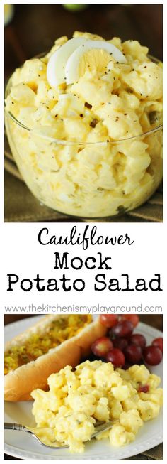 two pictures with different types of food in them and the words cauliflower mock potato salad