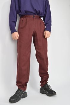 Vintage red classic suit trousers {779} PRODUCT INFO: Material - 100% COTTON / Size tag on item - 28 / WAIST - 71 CM / FULL LENGHT - 110 CM / 43 INCH / INSEAM - 84 CM / 33 INCH / Our model is 179 cm and normally wears a size 29/30 INFO: Due to item's vintage condition, the original tag might not show the true size. If you have any questions about this product or shipping just drop us a message and we will get back to you as soon as possible. CONDITION: Please note that Hanger Vintage sell true v Classic Fitted Burgundy Bottoms, Tailored Classic Red Bottoms, Classic Tailored Red Bottoms, Classic Formal Red Pants, Classic Red Formal Pants, Formal Burgundy Bottoms For Fall, Burgundy Bottoms For Formal Fall Occasions, Red Full Length Formal Dress Pants, Tailored Classic Red Pants