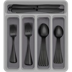 an assortment of forks, spoons and knives in a plastic container with dividers