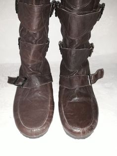 "Vtg chocolate brown women leather half boots with vegan leather straps with buckles and back zippers. Size EU 38. Rustic spring boho footwear. London`s brabd. Hippie`s boots. Comfy footwear. Dandy lifestyle footwear. Material: leather upper. brand: Buffalo London condition: unused boots. Missing Buffalo London tag on the right foot top - photo No. 9, has 2 holes in their place. measurements: size EU 38 (imprinted size), US 7, outsole length 25,5 cm / 9.9\" in heels height 1,7 cm / 0.7\" in boot Brown Ankle Moto Boots With Buckle Closure, Brown Steampunk Boots With Round Toe, Brown Ankle Moto Boots With Buckle, Steampunk Brown Boots With Round Toe, Brown Steampunk Boots For Fall, Steampunk Brown Boots For Fall, Brown Mid-calf Boots With Buckle Closure, Boho Footwear, Comfy Footwear