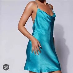 Beautiful Satin Dress With Cowl Neck And Rhinsetone Straps! Never Worn Kenya Trip, Meshki Dresses, Mini Dress Outfit, Golden Dress, Cowl Dress, High Neck Mini Dress, Cyan Blue, Rhinestone Dress, Feather Dress