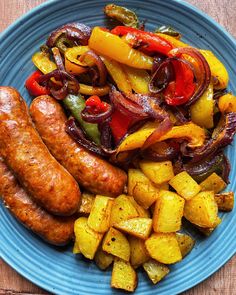 Plate with colorful sausages, bell peppers, and potatoes Sausage Peppers Potatoes, It Doesnt Get Easier, Bake Sausage In Oven, Sheet Pan Sausage, Gluten Free Italian, Sausage Peppers, Sausage Bake, Sausage Potatoes, Beef Curry