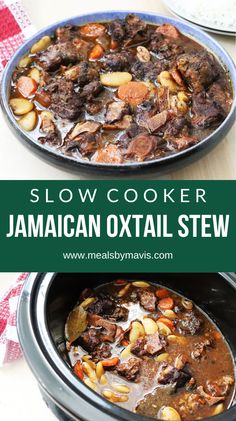 slow cooker jamaican oxtail stew in a crock pot with text overlay