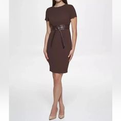 Calvin Klein Brown Solid Faux-Leather Tie-Waist Sheath Dress Womens Size 10 Brown Details & Care Accented With A Faux-Leather Waistband, This Solid Sheath Dress From Calvin Klein Adds A Pop Of Style To Your Wardrobe. Stretchy And Supportive Exposed Back Zipper Jewel Neckline; Sheath Silhouette Imported Unlined Shell: Polyester/Spandex; Belt: Polyurethane; Back: Polyester Dry Clean Faux-Leather Waistband Approximate Measurements Flat: Pit To Pit: 17” Length: 38” New Without Tags Condition. Tags: Jewel Neck Dress, Jewel Neckline, Belted Shorts, Round Neck Dresses, Calvin Klein Women, Review Dresses, Calvin Klein Woman, Calvin Klein Dress, Calvin Klein Dresses