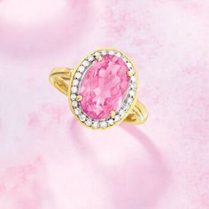 Ross-Simons - 5.25ct Pink Topaz, .21ct t. w. Diamond Ring Oval Cut in 14kt Yellow Gold. Size 8. This ring will enhance your ensemble with its bright hue! A vibrant 5.25 carat pink topaz is sparked by a frame of .21 ct. t. w. diamonds in polished 14kt yellow gold. 5/8" wide. Diamond and pink topaz ring. Diamond Ring Oval, Topaz And Diamond Ring, Pink Topaz Ring, Swiss Blue Topaz Ring, Multi Gemstone Ring, Lapis Ring, Topaz Color, Pink Topaz, Morganite Ring