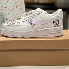 These Are Custom Purple Butterfly Air Force 1 Nikes That Have Never Been Worn. There Is Nothing Wrong With Them, We Just Ordered Them In The Wrong Size. Lavender Butterfly Shoes, Purple Butterfly Converse, Butterfly Nike Air Force, Purple Butterfly Air Force 1, Air Forces With Butterflies, Nike Shoes Custom, Shoes Custom, Purple Butterfly, Air Force 1