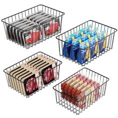 three wire baskets filled with drinks and juices