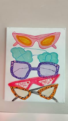 a painting of sunglasses with the word omg on them