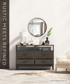 a dresser with a mirror on it and a chair next to it in front of a white wall