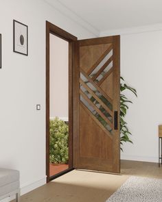 an open wooden door in a white room