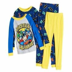 Boys 4 Pc Pajamas Condition- New With Tags $44 Made By- Dc Comics Color- Blue/Yellow Size- 4 Material- Cotton The Awesome Justice League Graphics And A Comfy Cotton Construction Of This Boys' Pajama Set Will Have Him Soaring Into Bed Like A Hero. 4-Piece Set Includes: 2 Long-Sleeved Tees & 2 Pants Ribbed Necks & Cuffs Elastic Waistbands Crewneck 100% Cotton Garments Should Be Worn Snug-Fitting Machine Wash Baby Disney Characters, Boys Pjs, Dc Comics Girls, Red Pajamas, Toddler Pajamas, Flannel Pajama Sets, Winter Pajamas, Girl Superhero, Comics Girls