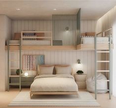 a bedroom with bunk beds and shelves above the bed, in front of a white rug