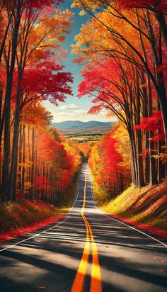 a painting of an empty road surrounded by trees with red leaves and yellow foliage on both sides