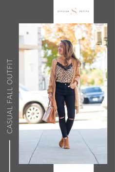 If you are looking for fall outfit ideas, this casual outfit is perfect! A chic Leopard Cami paired with a camel cozy Cardigan, stylish black jeans and tan ankle boots, is the ultimate casual yet chic Fall look for anytime of the day! Leopard Cami, Tan Ankle Boots, Lace Trim Cami, Animal Print Fashion, Fall Outfit Ideas, Cold Weather Fashion