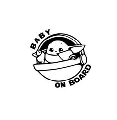 the baby on board logo is black and white, with an image of a cartoon character in