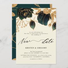 an elegant wedding card with gold foil flowers and leaves on the front, in dark green