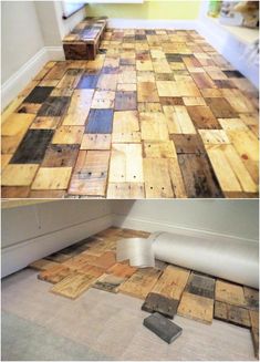 the floor is made out of wooden planks and has been painted with different colors