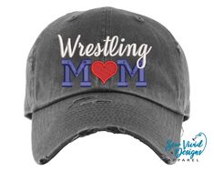 Save 20% off your first purchase by signing up at https://signup.sewvividdesigns.com This cap features Wrestling mom with a heart for the O in mom embroidered on your choice of cap. Choose M colors in the drop down menu. Ponytail, baseball and trucker cap options shown in photos above. Featured Cap: Dk Grey Baseball with Red M's ✋ Does not include back of cap embroidery. TO ADD BACK OF CAP EMBROIDERY: add this to your cart too- https://etsy.me/2CZfOfQ 🧢 Cap Details 🧢 Baseball Style: Distressed Cap Embroidery, Mom Hat, Wrestling Mom, Distressed Baseball Cap, Mom Hats, Ponytail Hat, Hat Custom, Ponytail Styles, Mom Gifts