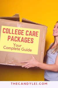 a woman holding a cardboard box that says college care packages your complete guide