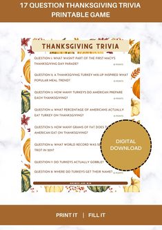 the thanksgiving trivia is shown with an image of pumpkins and leaves on it