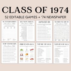 the class of 1974 printable games and news paper is shown on a beige background