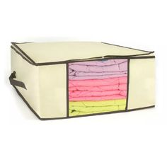 a multicolored cloth storage box on white background